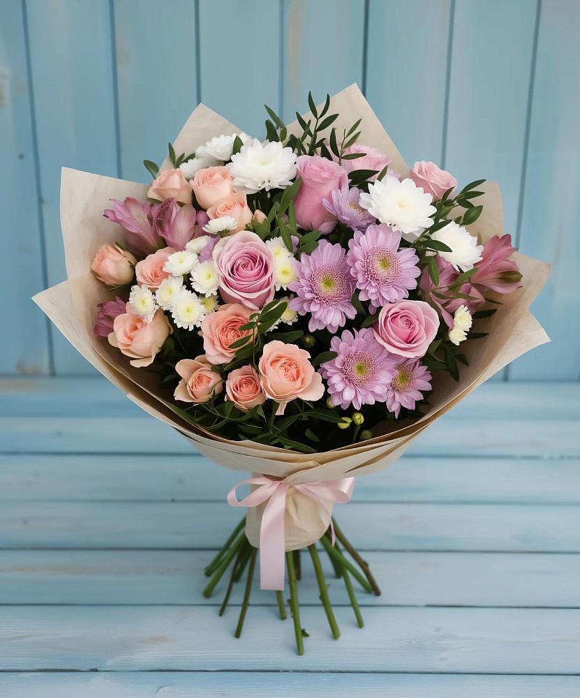 Букет цветов из: Хризантемы, Розы и Альстромерии в Усады