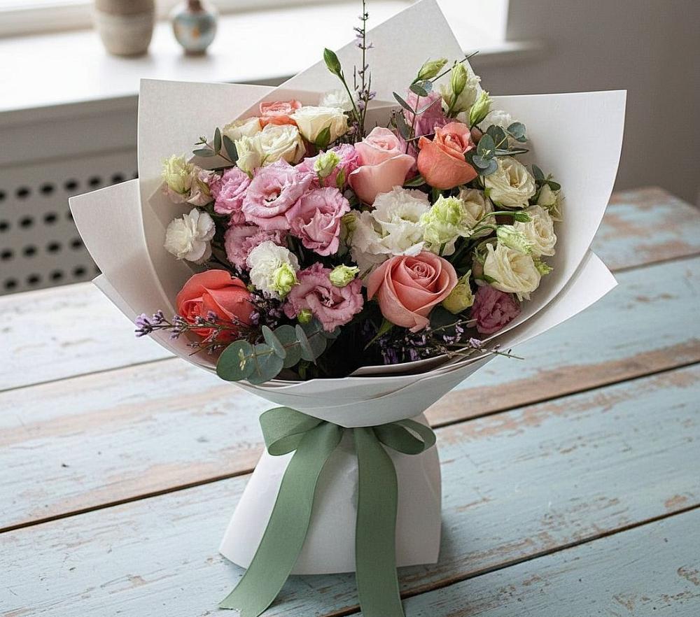 Букет цветов из: Розы, Лизиантусы и Гвоздики в Усады